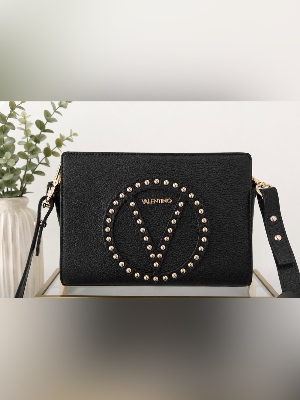 Valentino Black Leather Crossbody with Gold Stud V Emblem